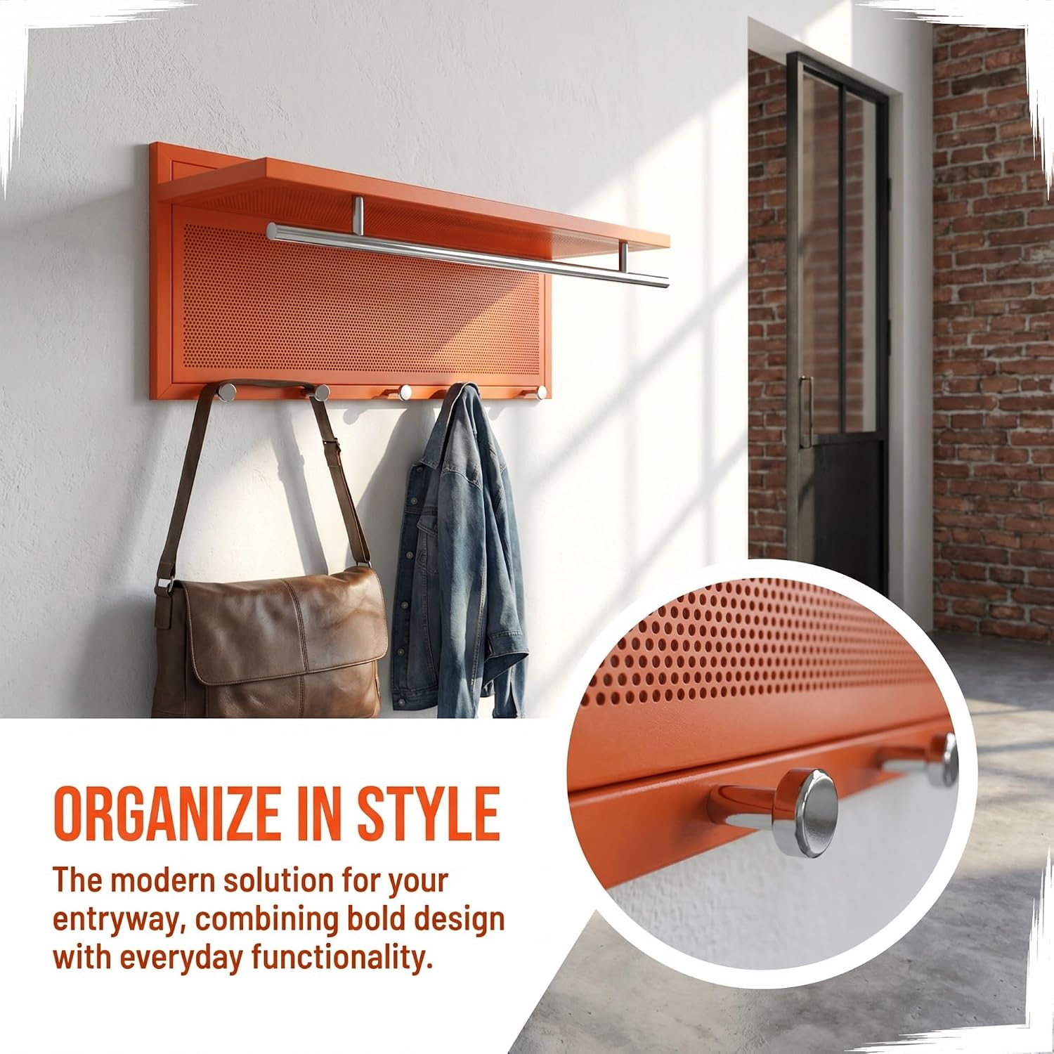 Wall Mounted Coat Rack with Shelf & Hooks, 29.5" Entryway Organizer | Metal Powder Coated, 5 Hooks & Chrome Accents, Space-Saving & Easy to Install, Ideal for Hallway, Mudroom, Orange