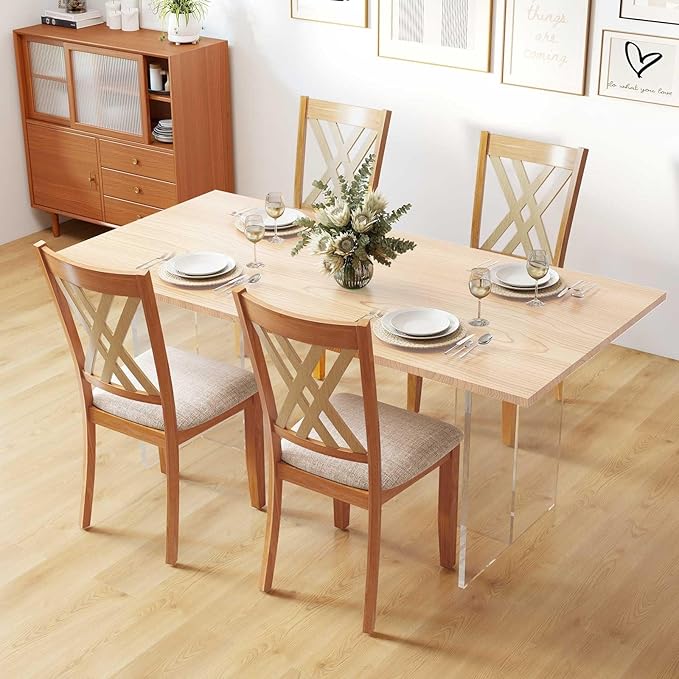 Giantex Wooden Dining Chairs Set of 4, Linen Fabric Upholstered Kitchen Chair w/Rubber Wood Frame, Wide Padded Seat, Curved Cross Back, Farmhouse Side Chairs for Dining Living Room Restaurant