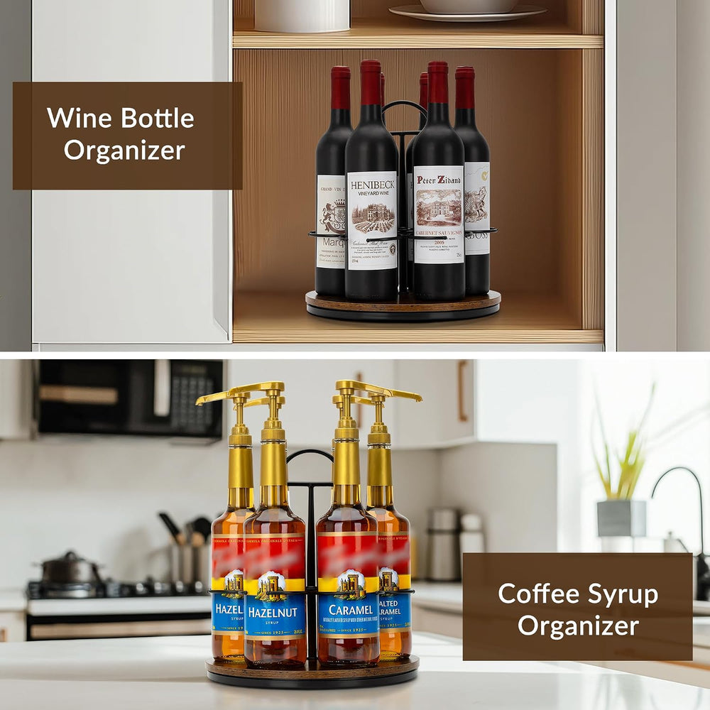 Rotating Coffee Syrup Organizer Hold 6 Bottles, Black | Wood Coffee Syrup Rac...