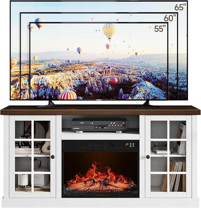 ONBRILL 59 Inch Fireplace TV Stand, Entertainment Center with 23 Inch Electric Fireplace, TV Table for TVs up to 65 Inches, Media Console Cabinet with Storage and Glass Doors for Living Room, White