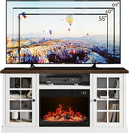 ONBRILL 59 Inch Fireplace TV Stand, Entertainment Center with 23 Inch Electric Fireplace, TV Table for TVs up to 65 Inches, Media Console Cabinet with Storage and Glass Doors for Living Room, White