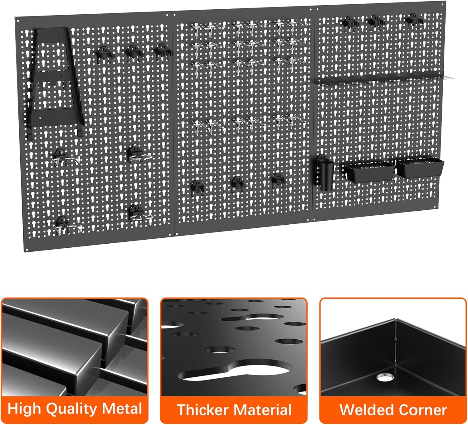 TORACK 3 PCS Metal Pegboard Panels for Garage Wall Utility Tools Storage Pegboard for Workbench, Modular Peg Board Tool Organizer Board Kit(Pack of 3, Black)
