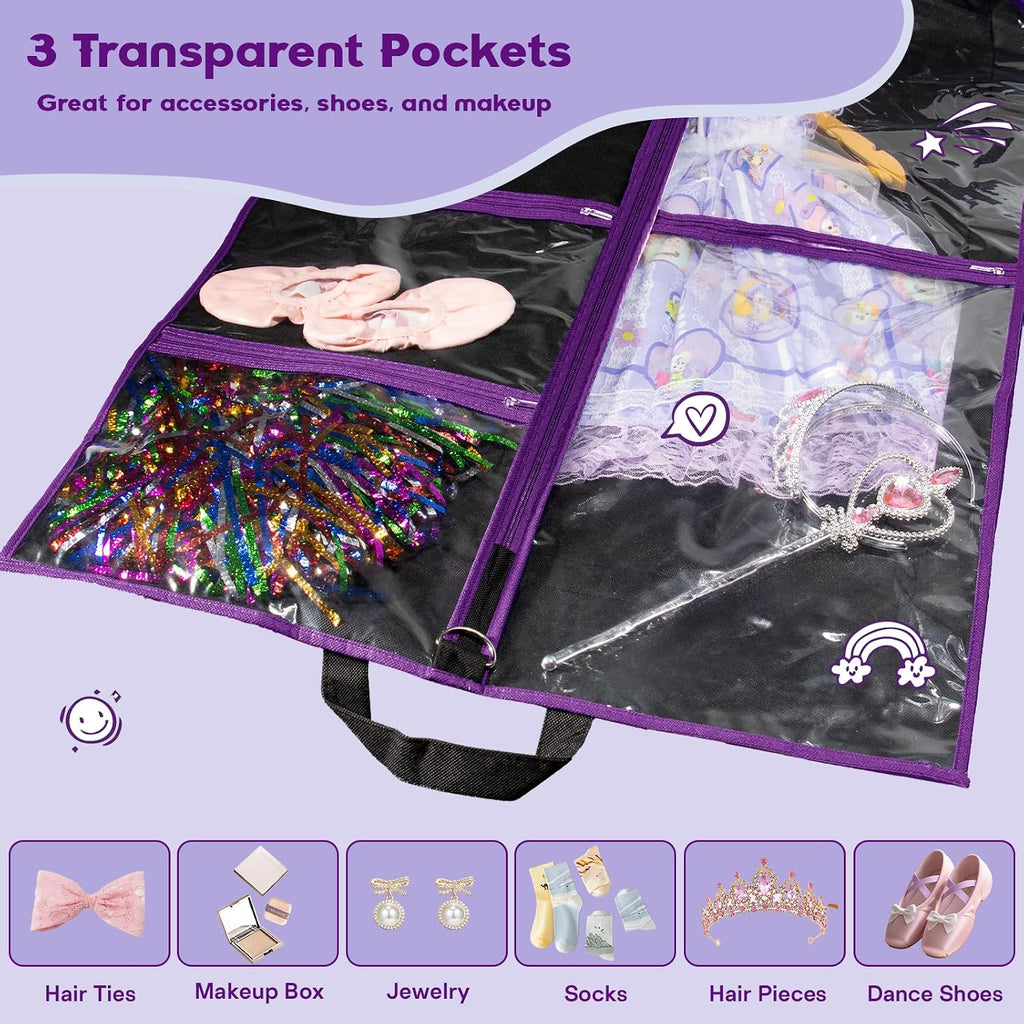 Dance Garment Bags for Dancers, 40" Garment Bags for Hanging Clothes with 3 Clear Zipper Pockets, Cheer Uniform Garment Bag for Suits, Travel & Sports Jersey, Cheer Uniform (Purple, 1Pack 40")