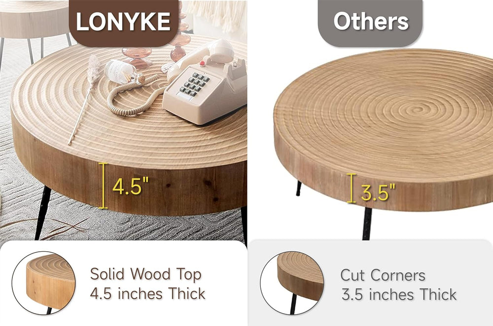 2-Piece Boho Farmhouse Nesting Table with Handcrafted Wood Ring Motif, Round ...