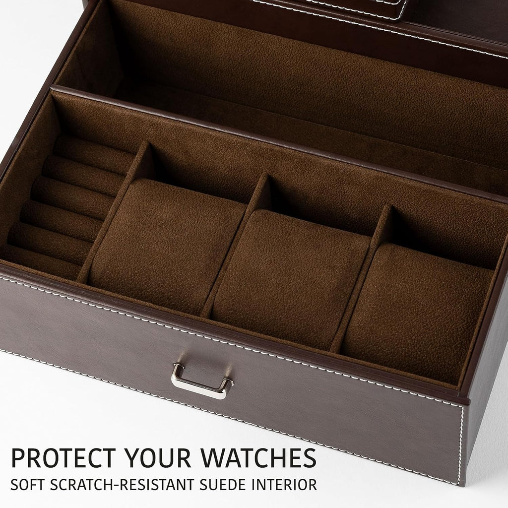 Mens Jewelry Box Organizer & Dresser Valet Tray - Premium Nightstand Station for Watches, Rings, and Accessories - Mens Dresser Top Organizer with Multiple Compartments and Soft Lining (Brown)