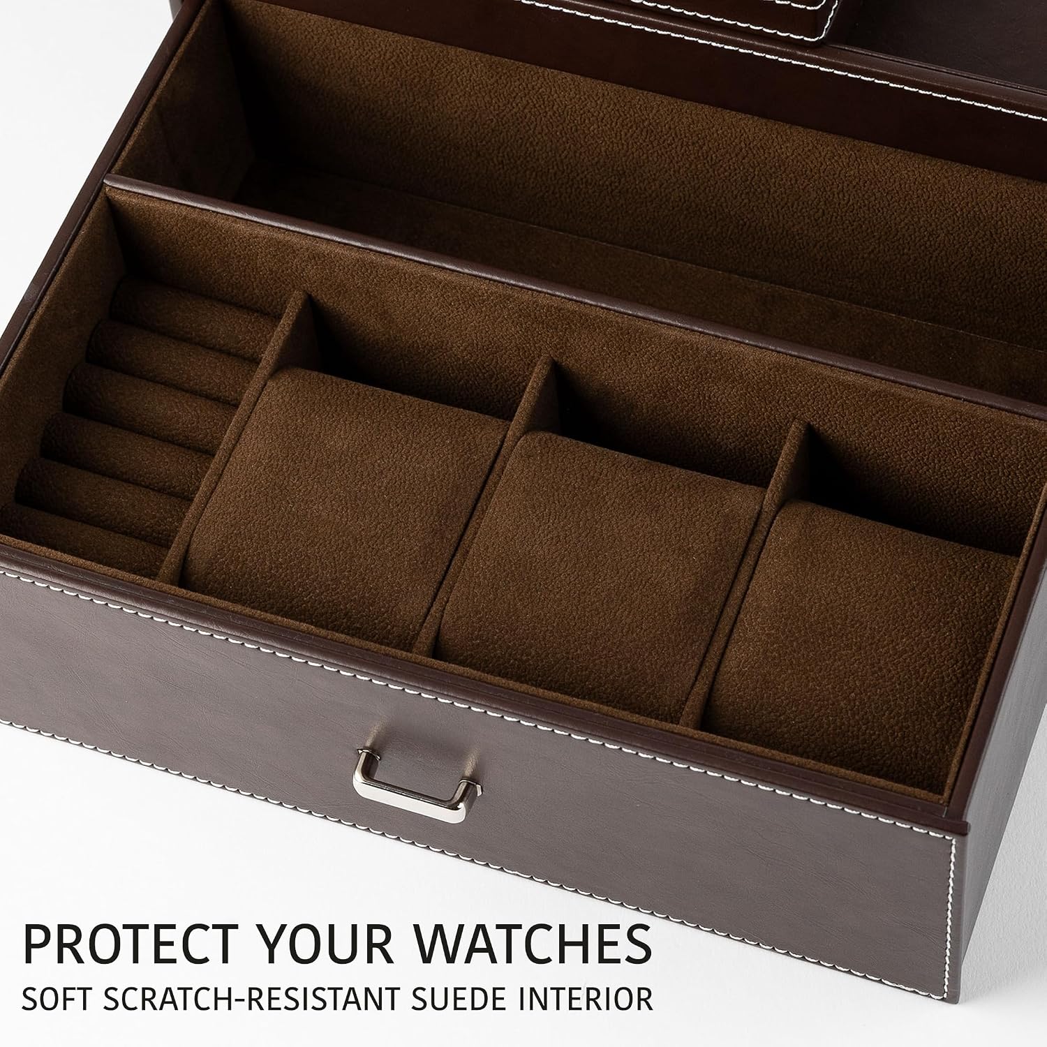 Mens Jewelry Box Organizer & Dresser Valet Tray - Premium Nightstand Station for Watches, Rings, and Accessories - Mens Dresser Top Organizer with Multiple Compartments and Soft Lining (Brown)