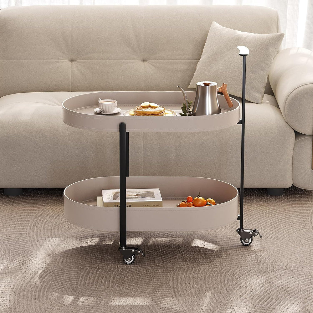 Oval End Table with Storage Shelves, 2-Tier PU Leather Tray Side Table with W...