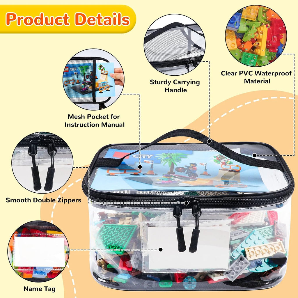 6 Pack Clear Toy Storage Bag with Name Tag& Manual Pocket, Waterproof Transparent PVC Toy Organizer Case for Lego Bricks, Board Games, Building Blocks, Puzzles (Large Capacity, Black)