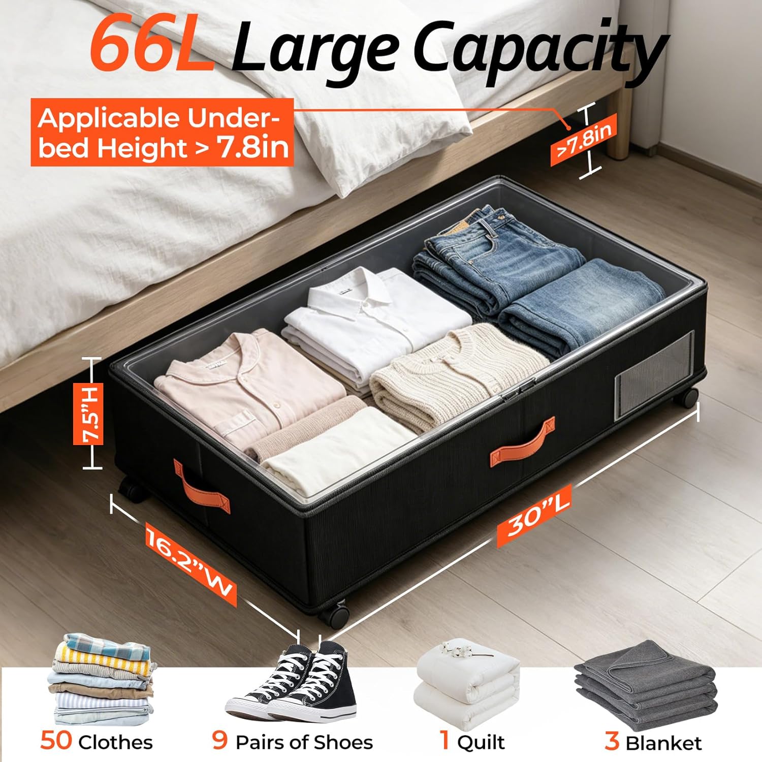 Under Bed Storage with Wheels 2-Pack, Under Bed Storage Containers 66L Clear Lids, Rolling Storage Drawers for Clothes Shoes Blankets, Underbed Organizer Bins(30" L x 16.2" W x 7.5" H)