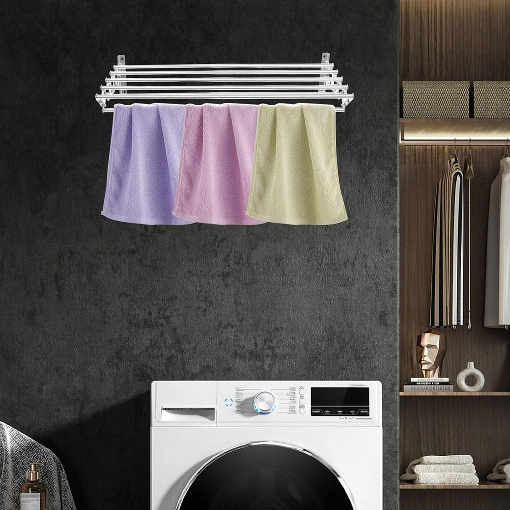 Wall Mounted Laundry Drying Rack, Retractable Clothes Drying Rack with Stable Base, Stretching Back, Forth, Left, Right, Folding Clothing Collapsible for Clothes Hanging