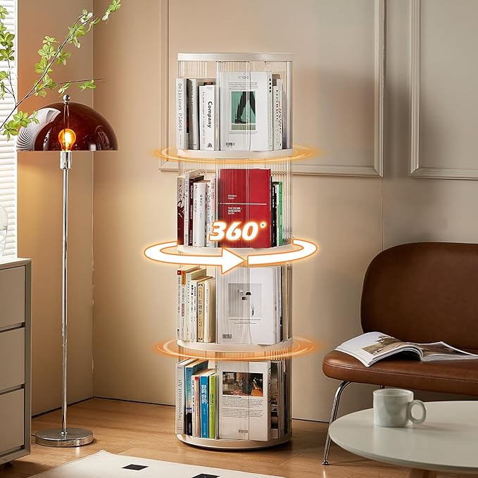 4 Tier Rotating Bookshelf, Small Corner Bookshelf for Small Space, 360 Display Floor Standing Bookcase, Plastic Narrow Book Organizer Shelf for Bedroom, Living Room, Round, White, Lazy Susan
