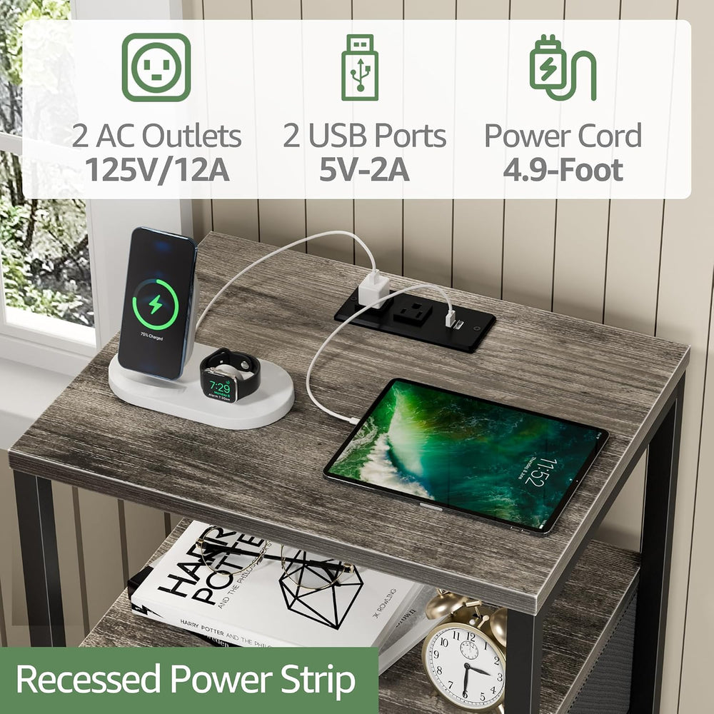 BOLUO Gray Nightstand with Charging Station, LED Night Stand with 2 Fabric Dr...