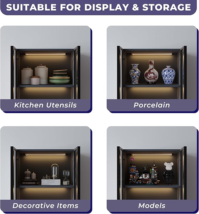 Modern Grey Lighted Glass Display Cabinet with Two Drawers, Dining China Hutch with 3 Tiers Storage Shelves, Wooden Curio Display Showcase for Living Room Kitchen (A-23'' Glass Cabinet)