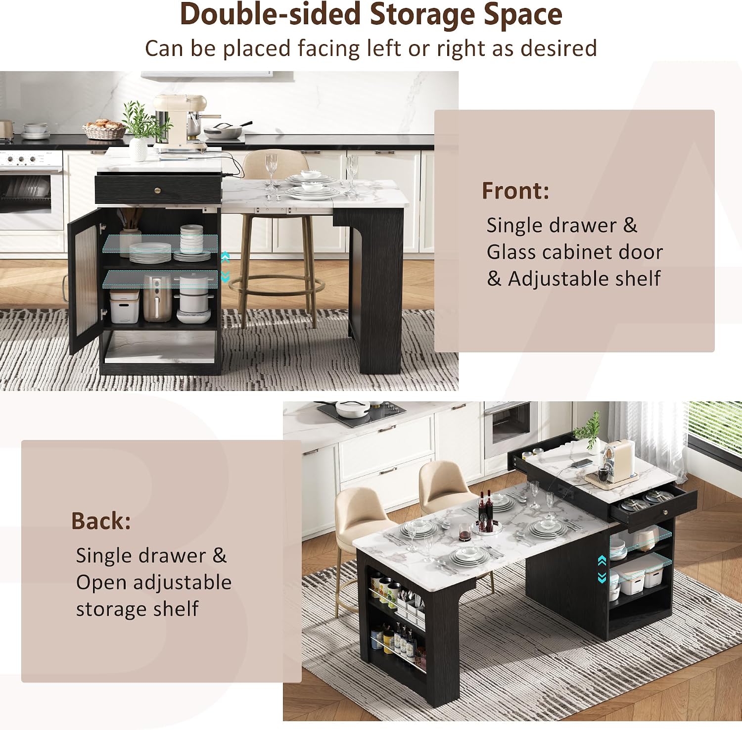 Merax 59.5" Kitchen Island with Extendable Table, Black | Table with Double-Sized Storage, Modern Island with 2 Drawers, Power Outlet, Side Open Shelves for Dining Room