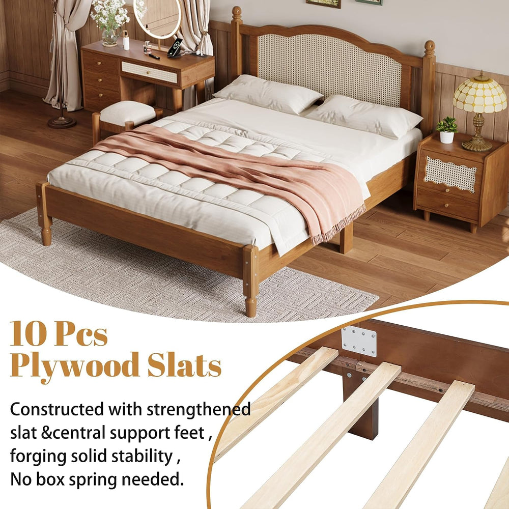 Full Size Wood Bed Frame with Rattan Headboard, Solid Wood Platform Bed Frame...
