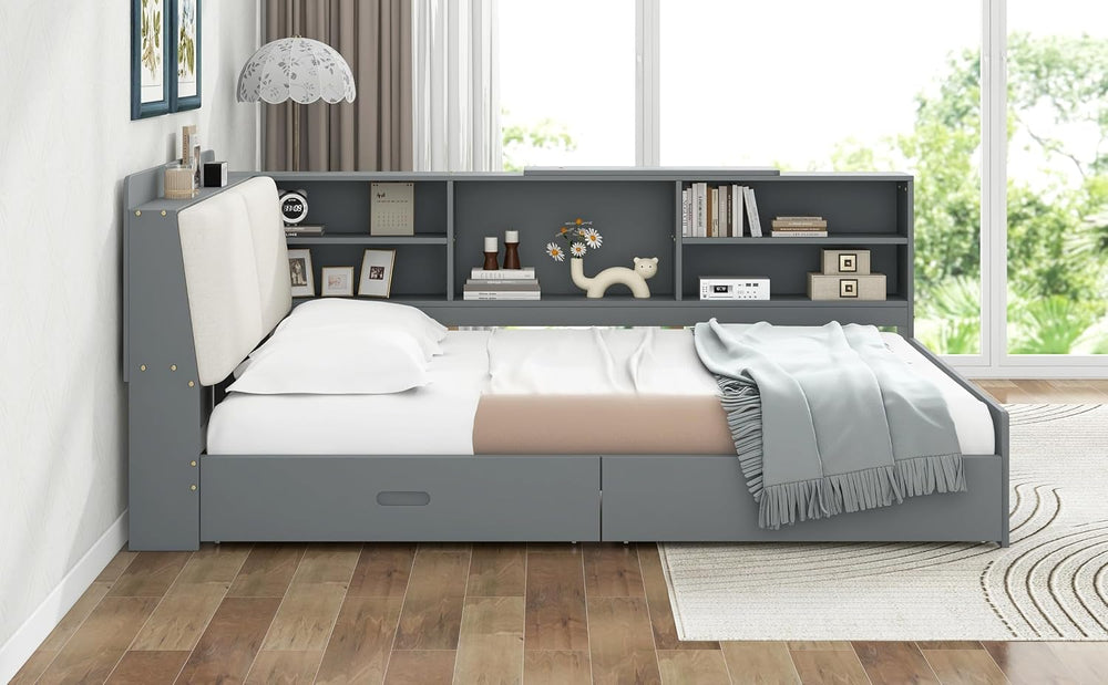 Peanu Full Bed Frame, Storage Headboard, Gray Upholstered Wood