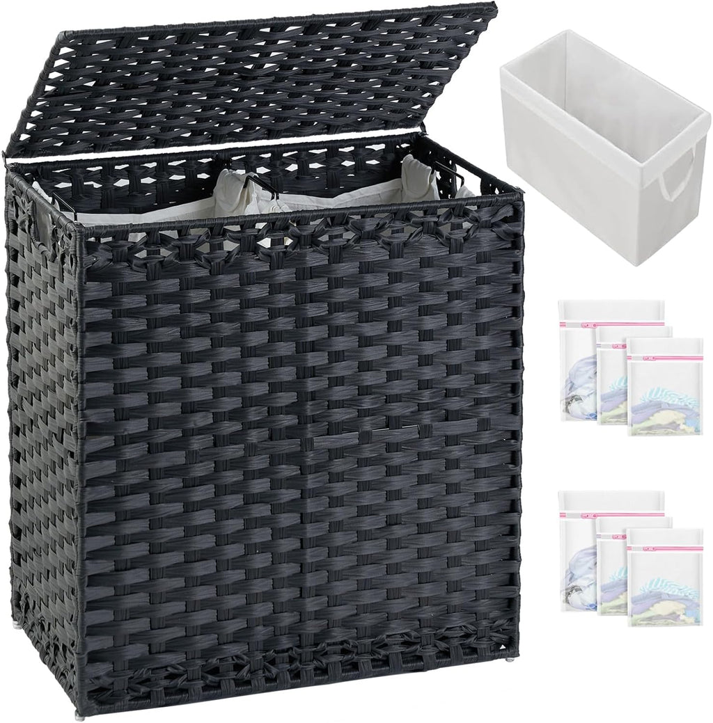 Laundry Hamper with Lid Wicker Laundry Basket 112 L (29.6 Gal) Laundry Hampers Handwoven Rattan Clothes Hamper with Handles 3 Removable Liner Bag, 6 Mesh Bags for Bathroom Bedroom Black
