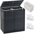 Laundry Hamper with Lid Wicker Laundry Basket 112 L (29.6 Gal) Laundry Hampers Handwoven Rattan Clothes Hamper with Handles 3 Removable Liner Bag, 6 Mesh Bags for Bathroom Bedroom Black