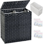 Laundry Hamper with Lid Wicker Laundry Basket 112 L (29.6 Gal) Laundry Hampers Handwoven Rattan Clothes Hamper with Handles 3 Removable Liner Bag, 6 Mesh Bags for Bathroom Bedroom Black