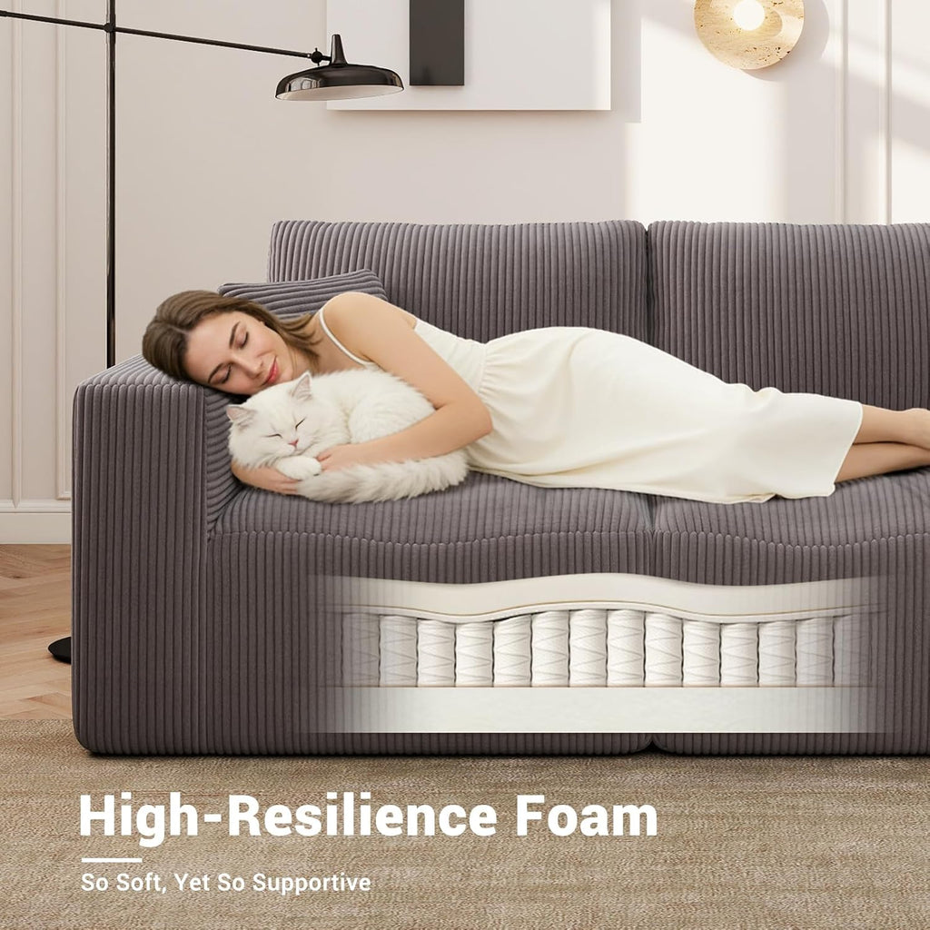 Modular Sleeper Sofa Bed Modern Sectional Couches for Living Room - 79" Boneless Cloud Couch - No Assembly Required Corduroy Convertible Sponge Compression Sofas with Chaise for Home House(Grey)