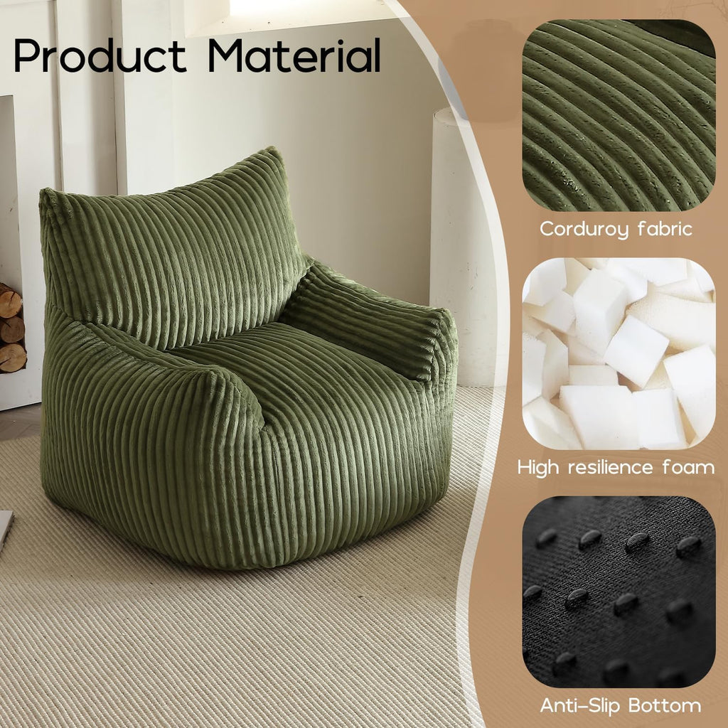Green Corduroy Bean Bags Chairs for Adults, Big Ultra Soft Beanbag Sofa | 30 lbs Filler Foam| Armrests & Back Support| Vacuum-Compressed| For Reading, Gaming, Bedroom, Living Room, Dorm| For teens