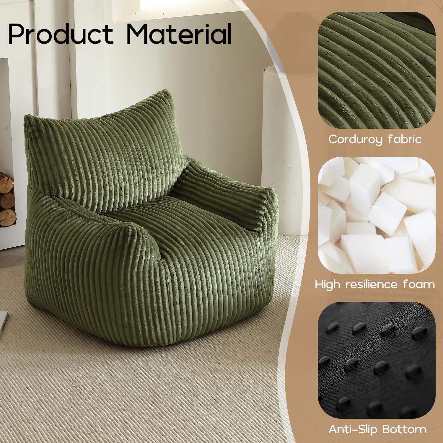 Green Corduroy Bean Bags Chairs for Adults, Big Ultra Soft Beanbag Sofa | 30 lbs Filler Foam| Armrests & Back Support| Vacuum-Compressed| For Reading, Gaming, Bedroom, Living Room, Dorm| For teens