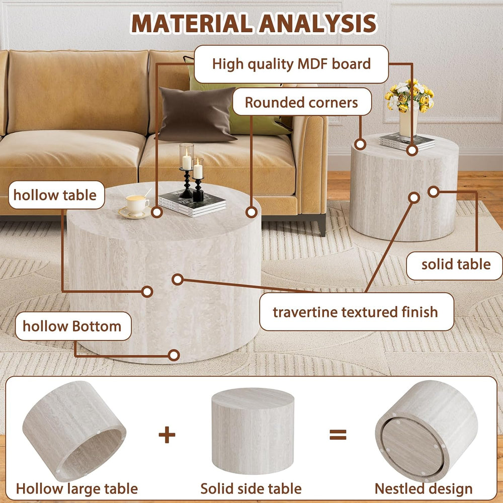 Travertine Round Nesting Coffee Table Set of 2 | Faux Travertine Drum Style W...