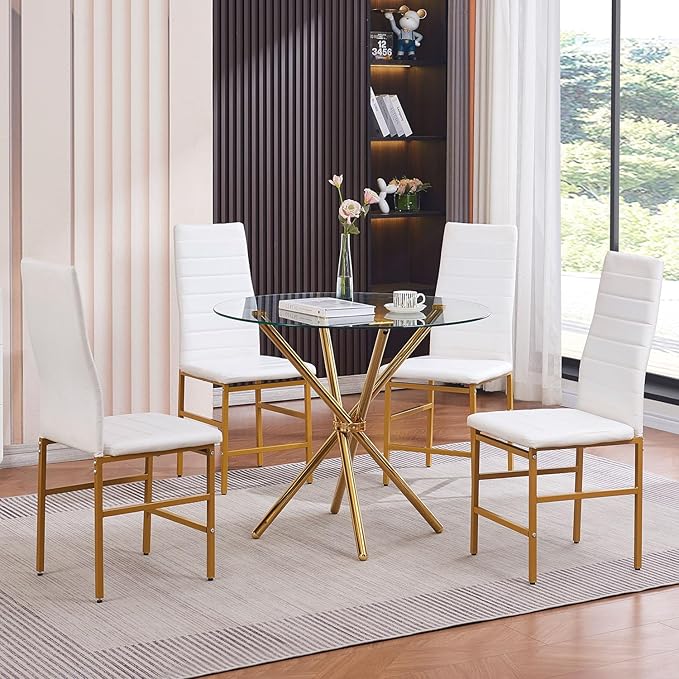 PU Dining Chairs Set of 4, Modern Kitchen & Dining Room Chairs Faux Leather Upholstered Dinner Chairs with Metal Legs for Small Space (Gold, Crossbar)