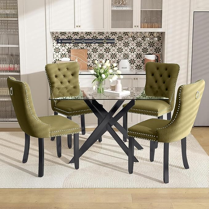 51 Inch Glass Dining Table Set for 4, Rectangular Glass Kitchen Table with 4 Upholstered Velvet Accent Chairs, 5 Piece Modern Dining Room Set, for Home, Apartment, Small Spaces -- Olive Green Black