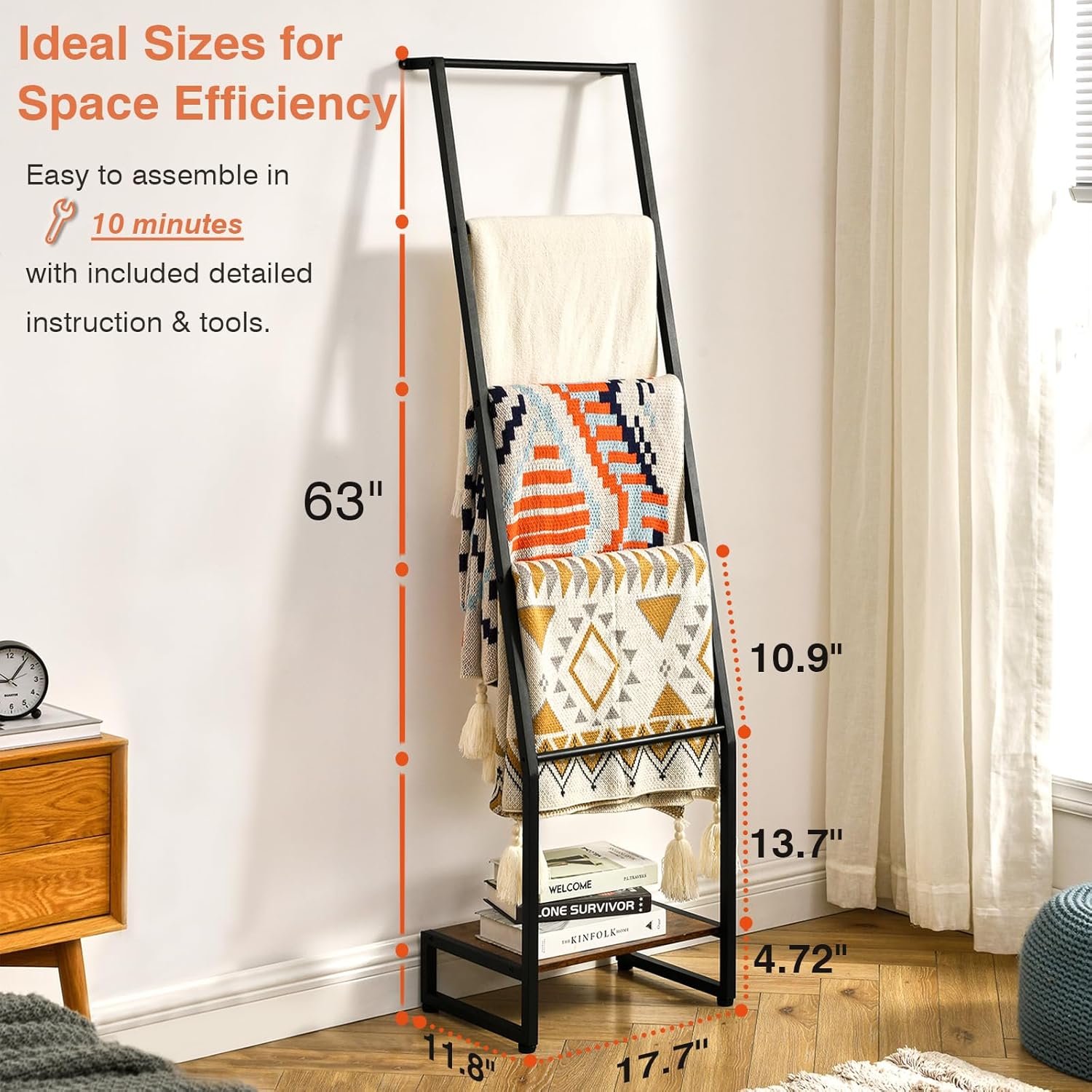 DGWJSU Blanket Ladder, 5 Tier Ladder Shelf,Wooden Blanket Ladders for Living Room and Bedroom, 5.2ft Blanket Holder Rack Farmhouse Ladder Rack for Storage and Home Decor, Rustic Brown and Black