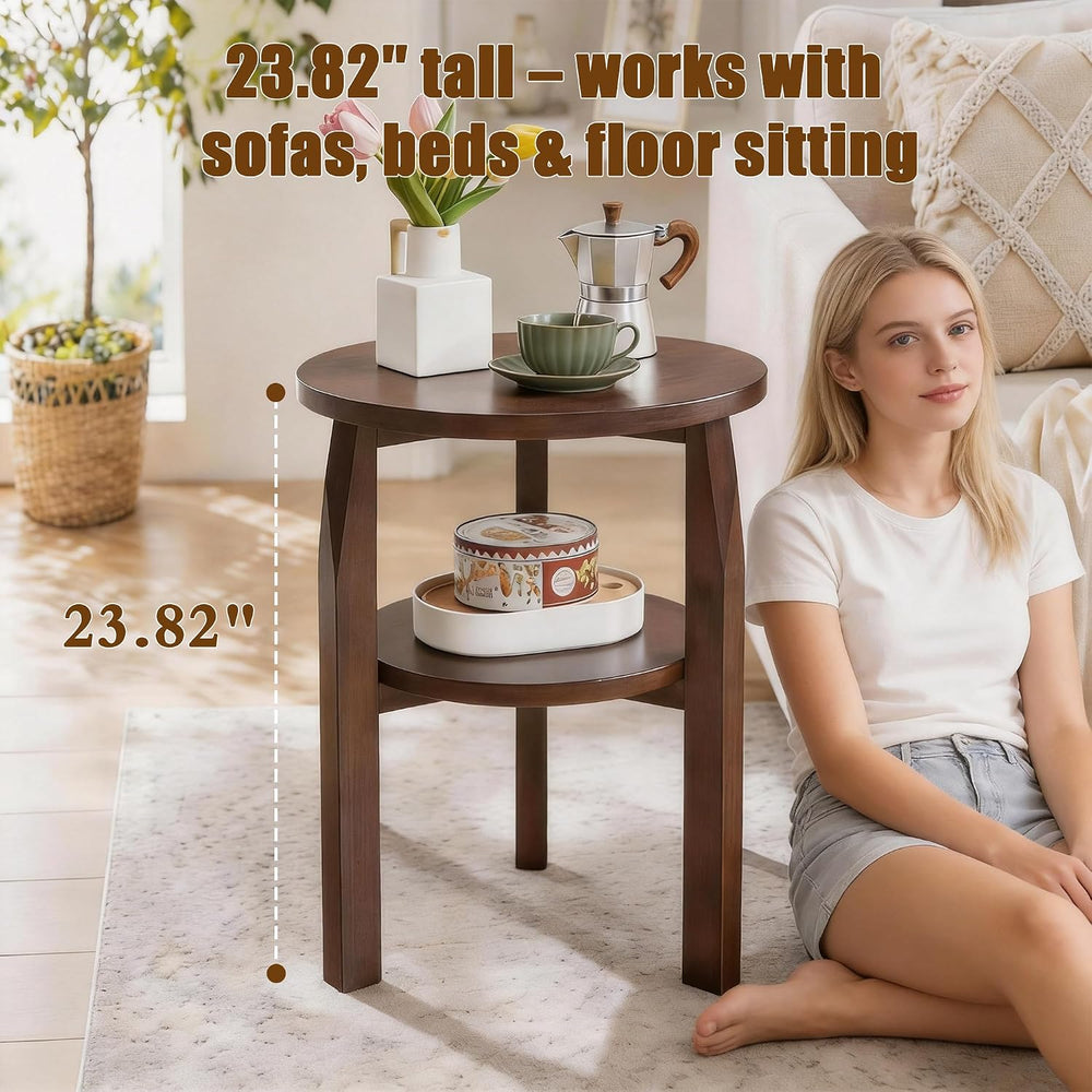 Round End Table, Solid Rubberwood 2-Tier Side Table with Open Storage Shelf, ...