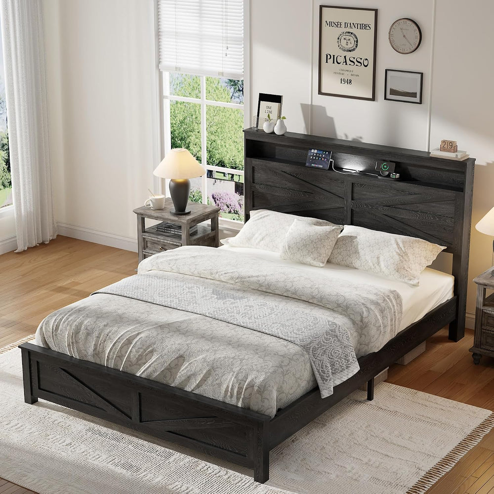 Queen Size Farmhouse Wooden Bed Frame with Storage Headboard