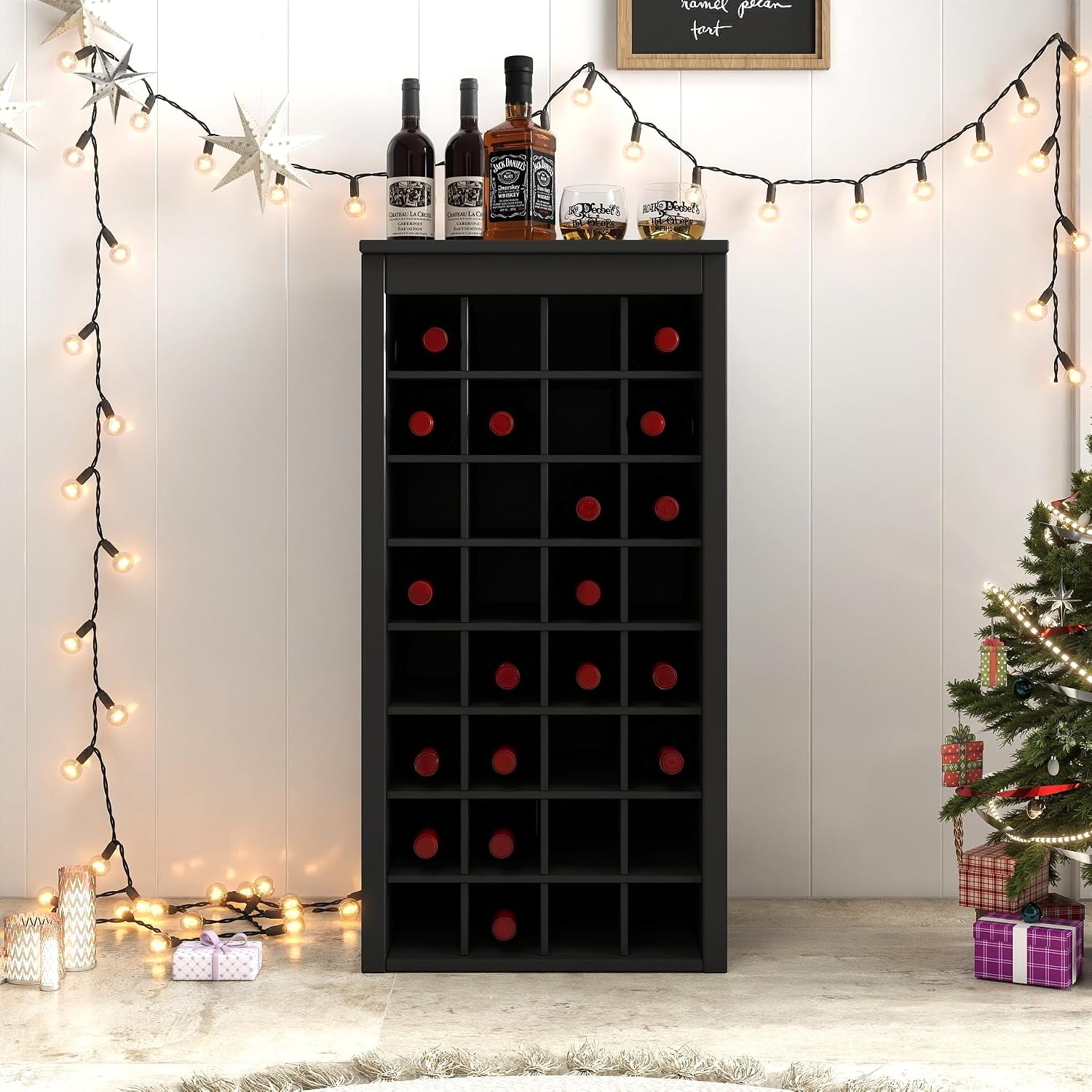 WERSMT 8-Tier Freestanding Wine Rack Wood, 32 Bottles Wine Rack Counter for Small Space, Farmhouse Stackable Modular Wine Bottle Holder Rack, Black
