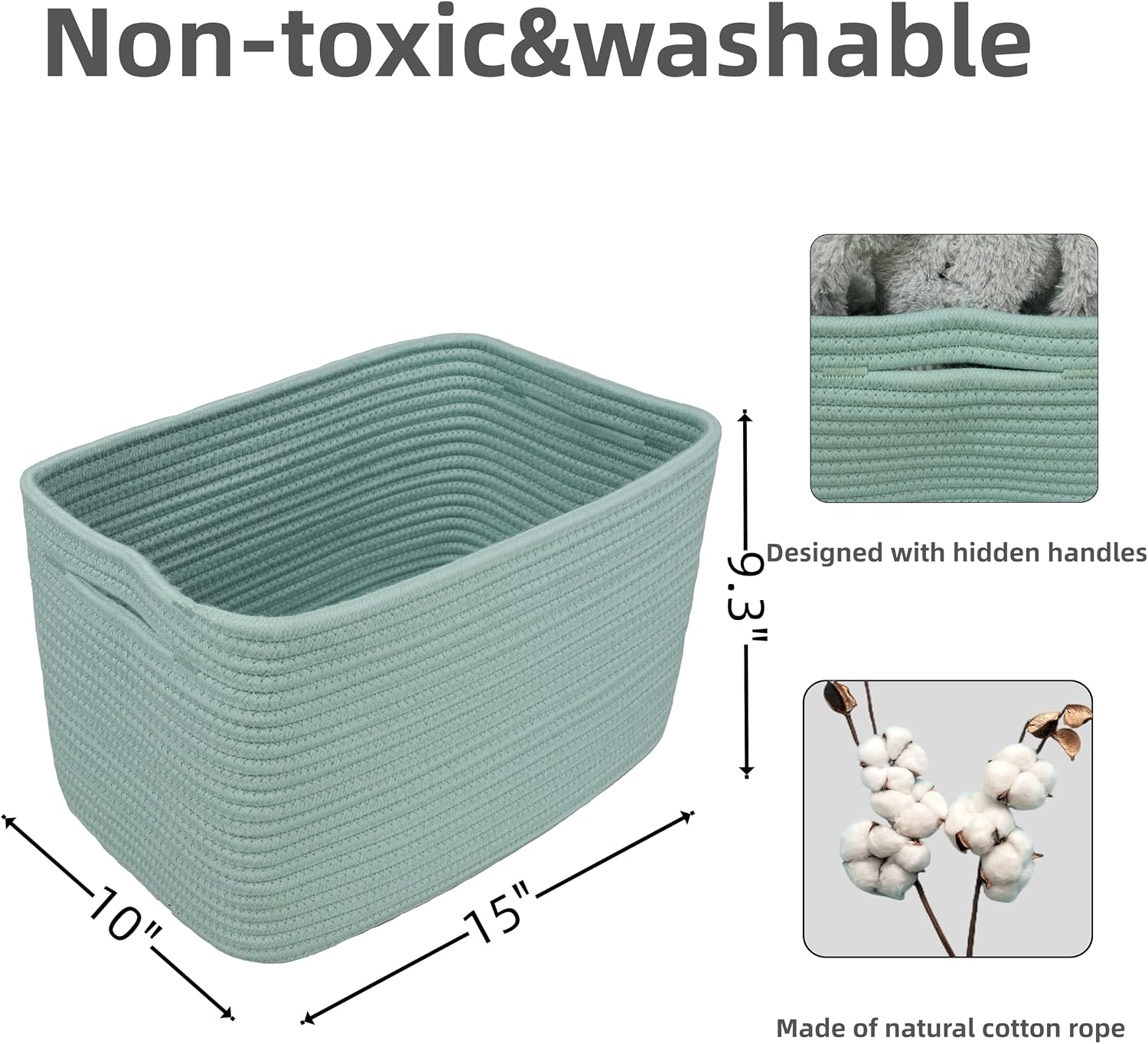 XUANGUO Woven Cotton Rope Storage Baskets 15x10x9.3" 3 Pack Green | Decorative rectangular storage baskets for shelves and closets; storage bins organize clothes, toys, books and nursery items.