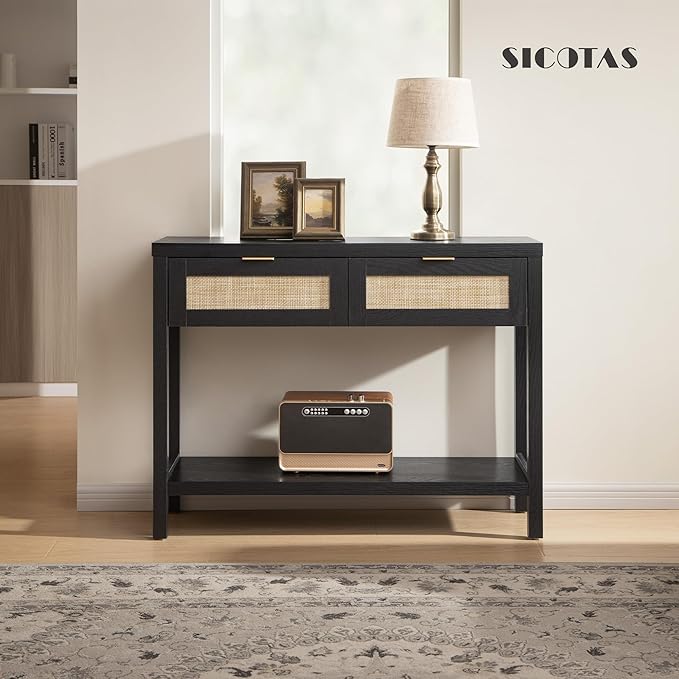 SICOTAS Black Console Table with Rattan Drawers - Boho Rattan Entryway Table ...