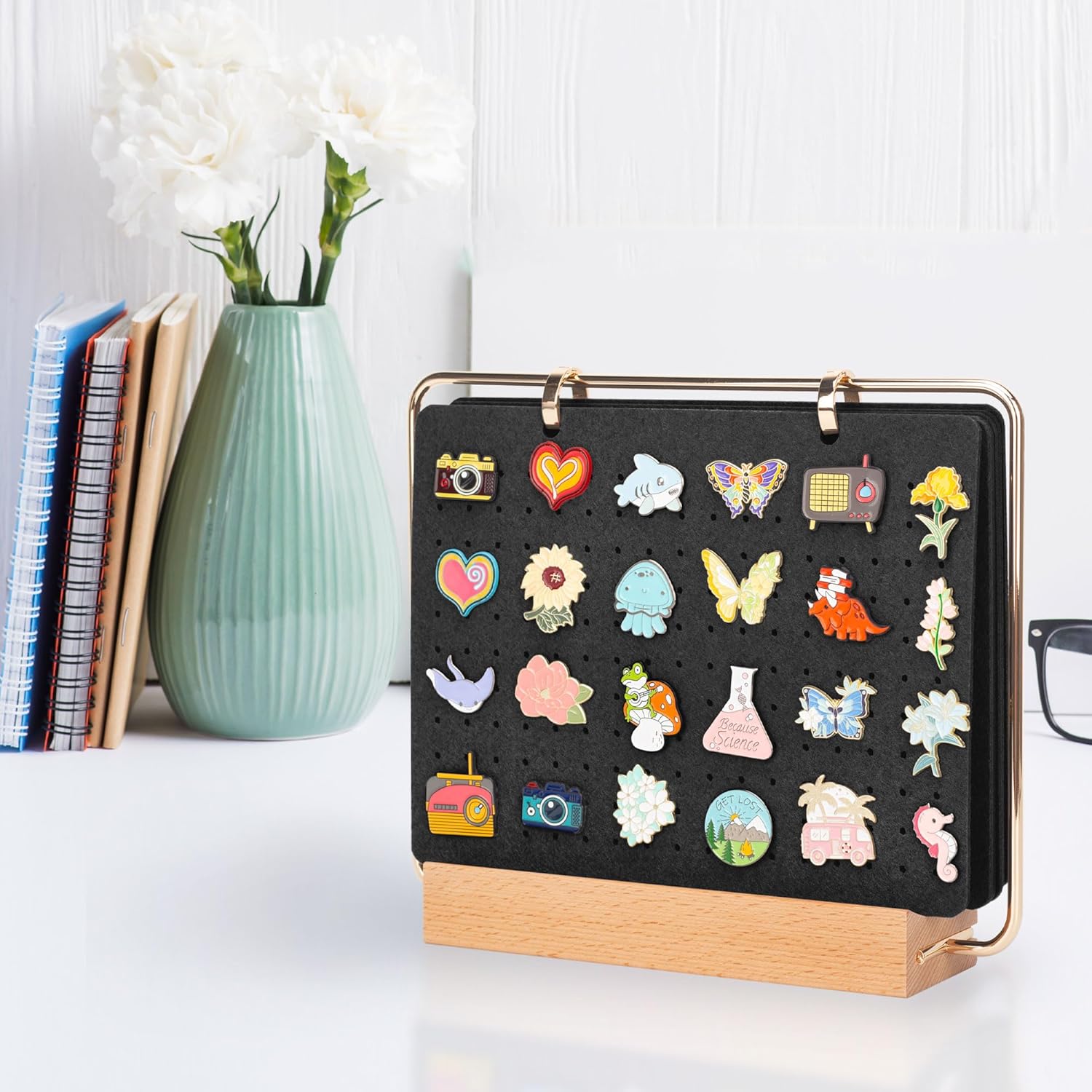 Pacmaxi Pin Display Organizers, Brooch Pin Holder, Enamel Pin Display Pages for Store 180+ Pins, Pin Collection Storage Calendar Wooden Stand with 6 Pages (Not Include Any Accessories) (Color)
