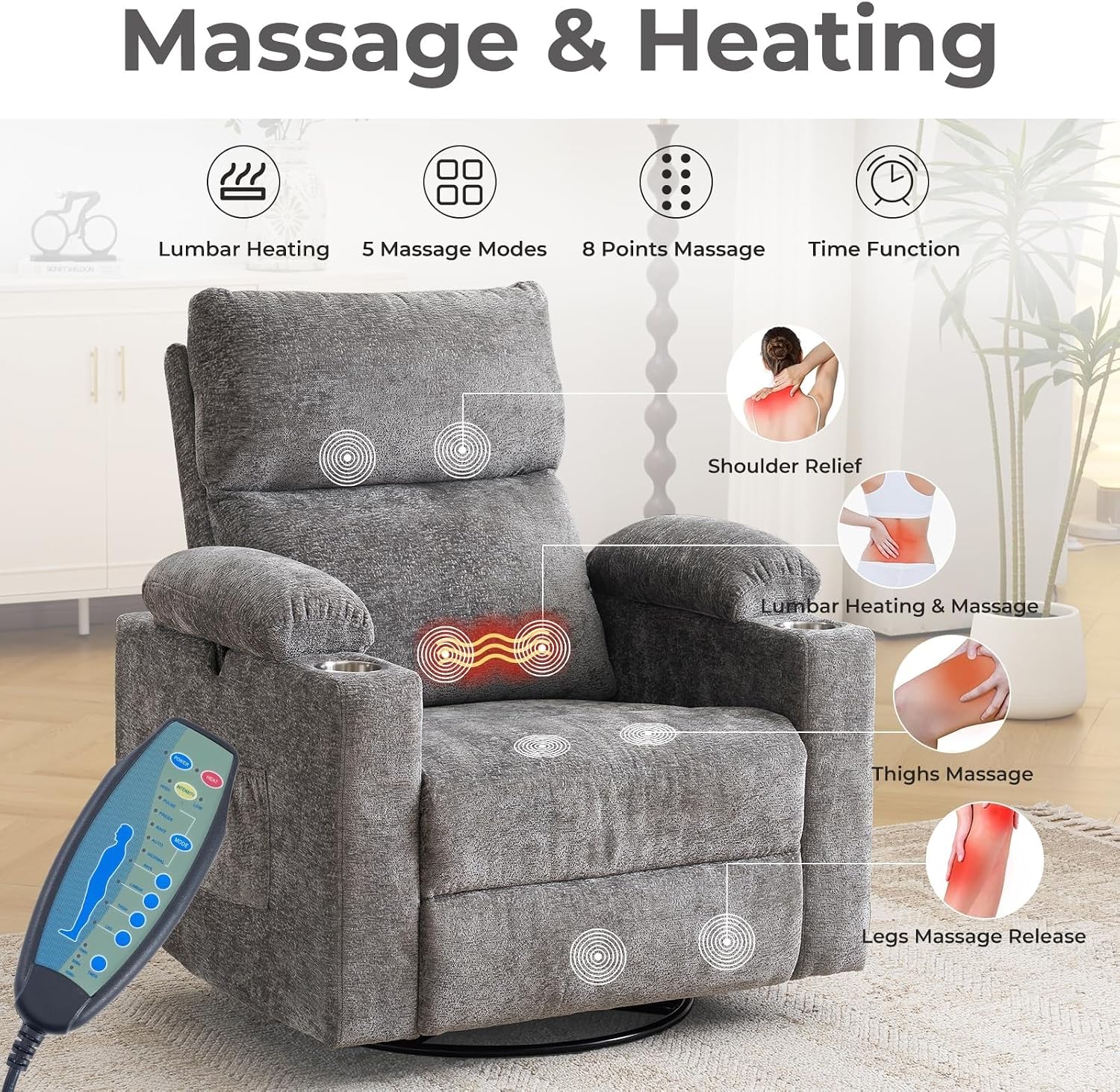 Electric Power Swivel Glider Rocker Recliner Chair with Headrest Adjustable Armrests Heat Massage Function Sofa for Living Room Home Furniture