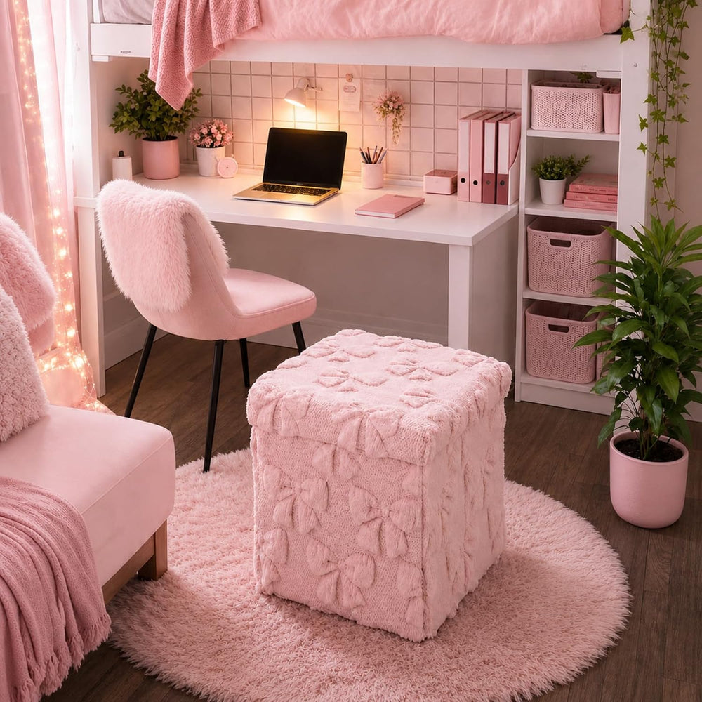 RattanView Storage Ottoman Dorm 12 Inch Pink Bow Cube Ottoman Dorm Back to Sc...