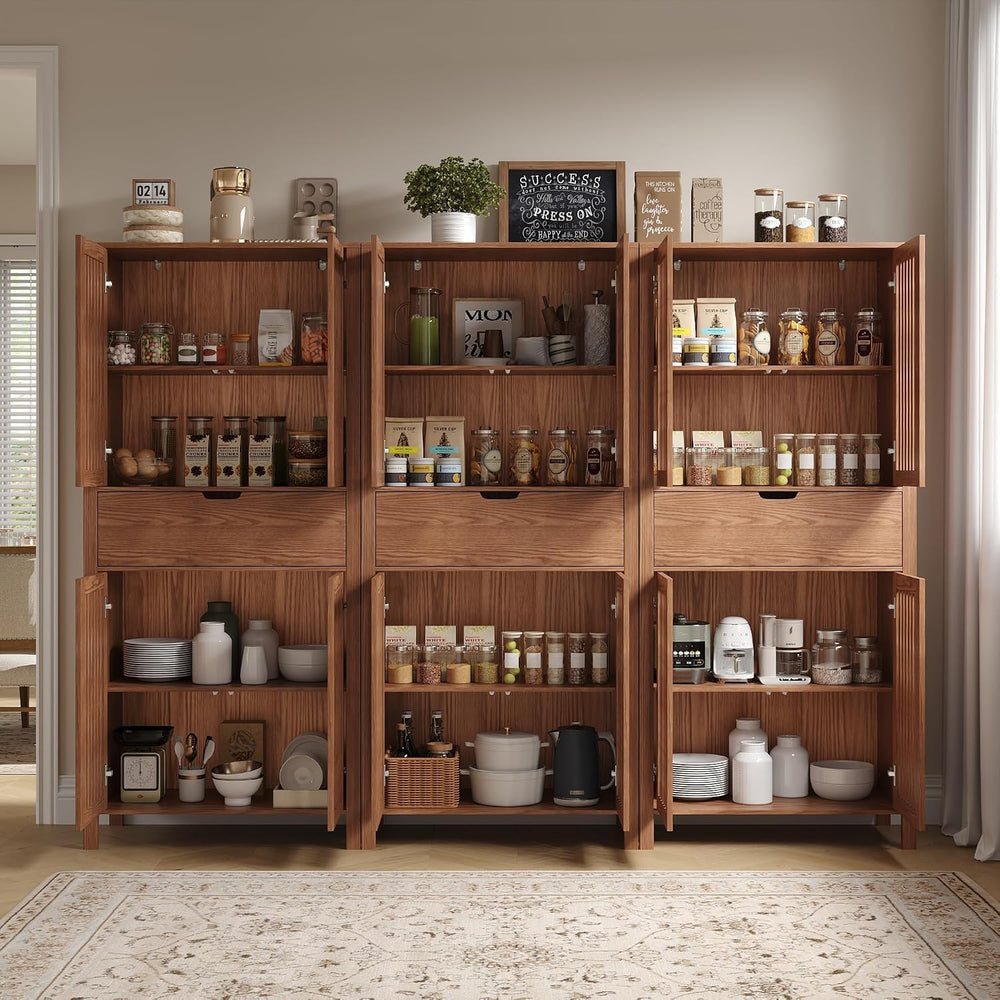 BVIUNTWO Set of 3 Farmhouse Tall Storage Cabinets, Wooden Kitchen Pantry Cupb...