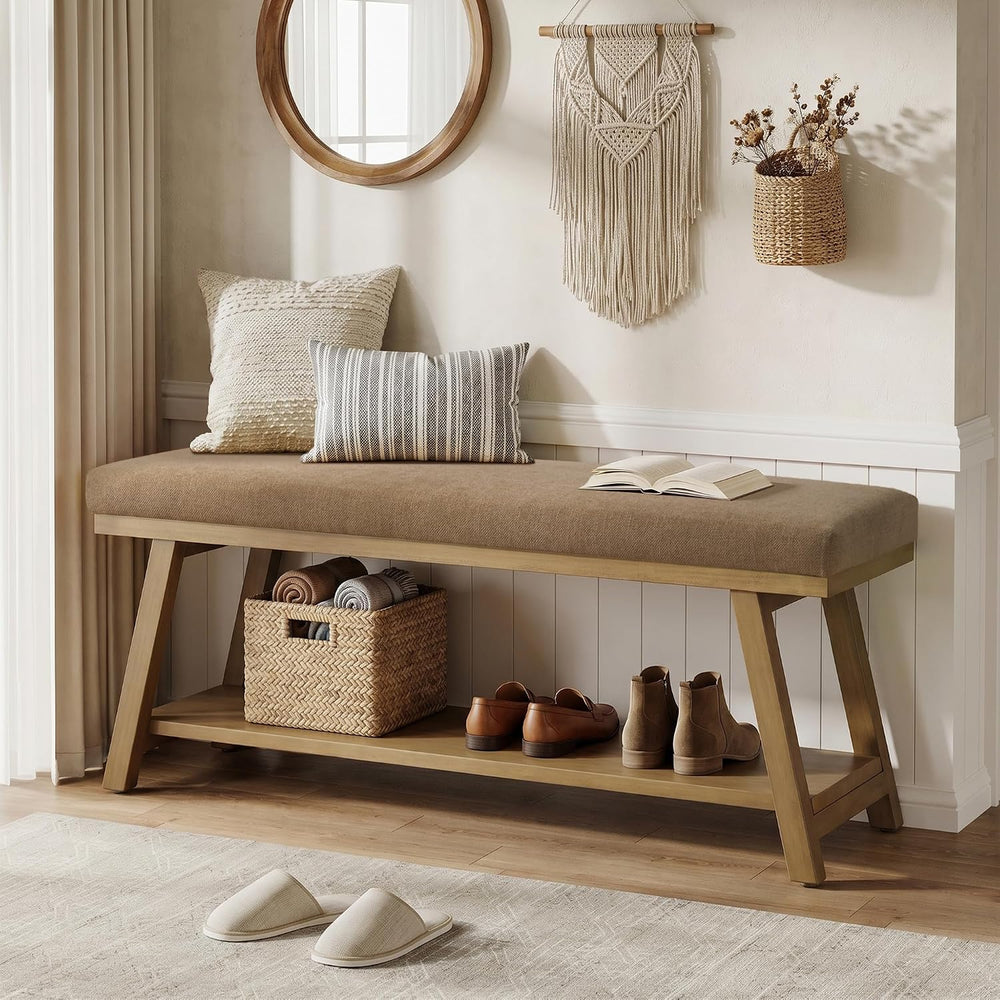 Zihanhome 45" Entryway Bench Upholstered Storage Bench for Bedroom(Brown...