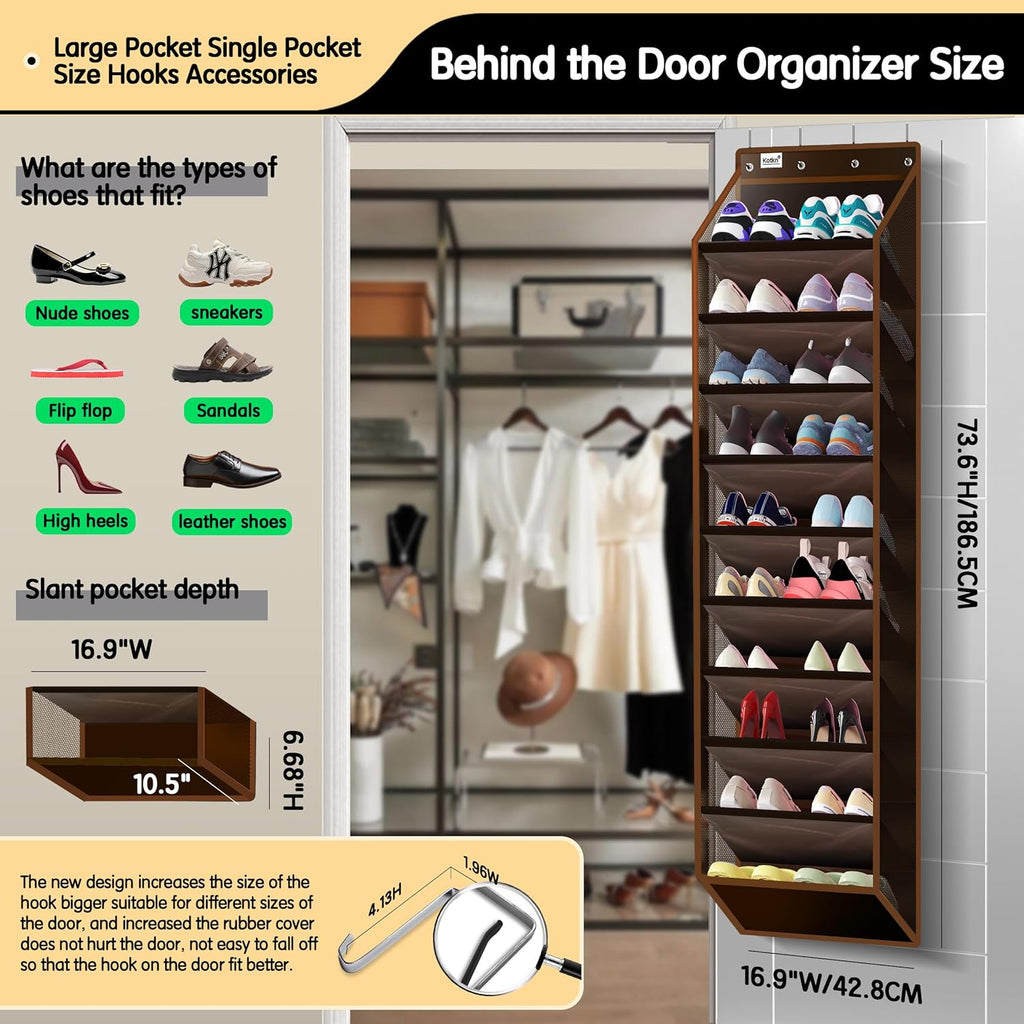 10 Tier Over The Door Organizer - Heavy Duty Hanging Storage Rack with Sturdy Oxford Fabric, Holds 20+ Pairs of Footwear, Boots & Sneakers, Saves 50% Closet Space (Dark Curry)