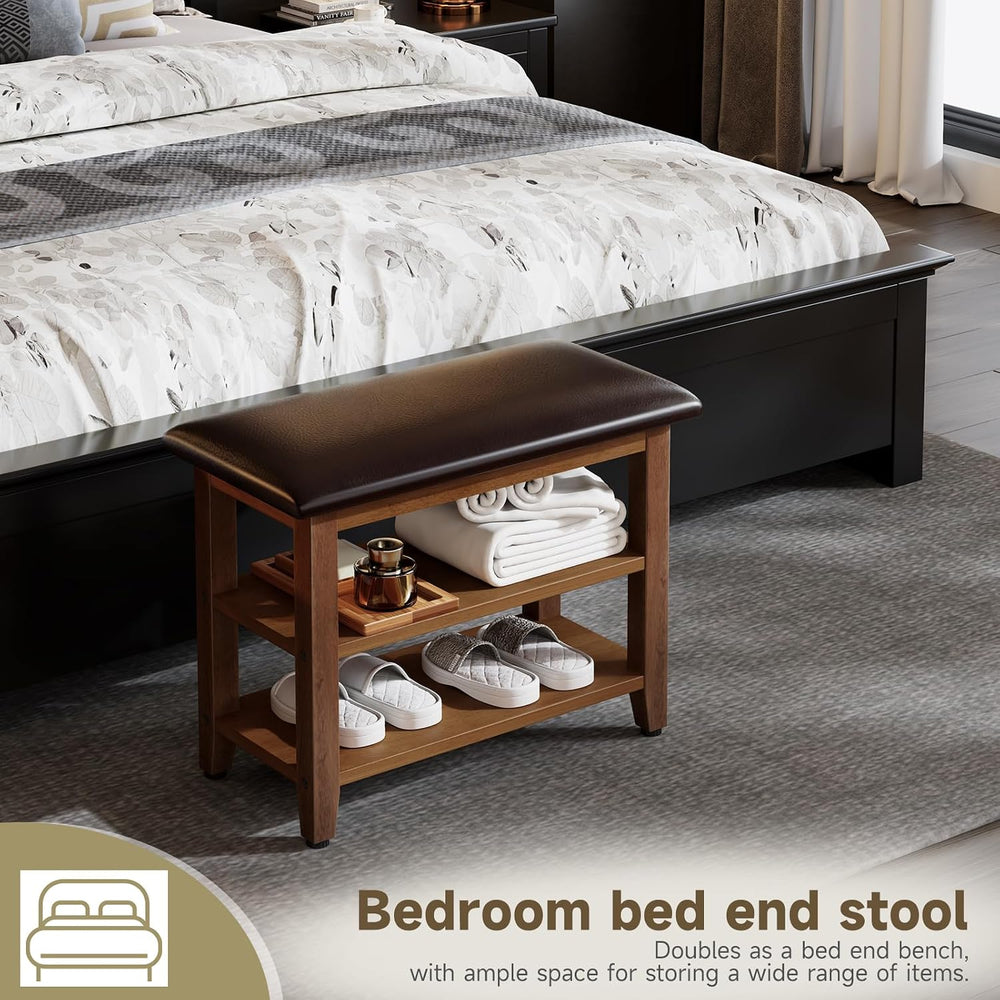Shoe Bench with Leather Cushion,Wood Bench with Shoe Rack,2-Tier Shoe Storage...
