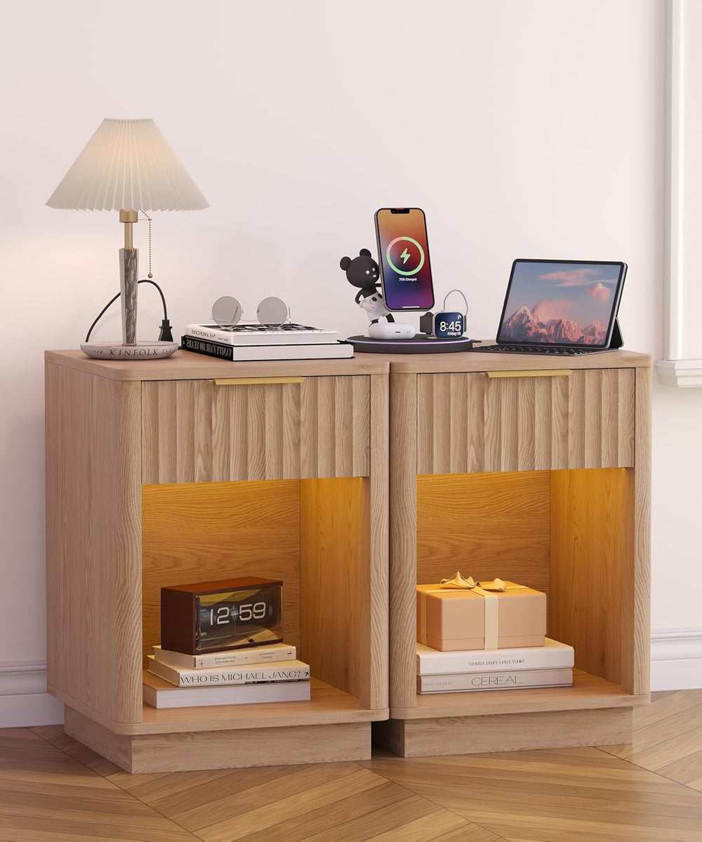Akxomel Fluted Nightstand Set 2 Bedside Table with Charging Station Oak | Woo...