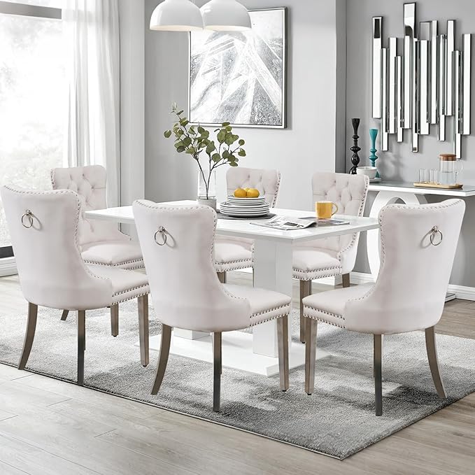 Velvet Upholstered Dining Chairs Set of 8, Modern Style Kitchen Side Chairs with Nailhead Trim and Silver Plated Leg, Metal Pulling Ring for Dining Room Living Room(Creamy White)
