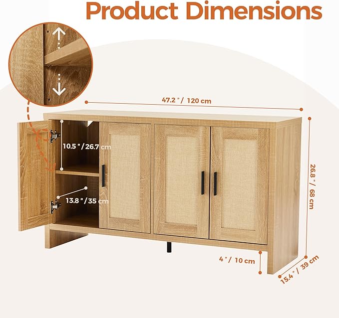 Rattan Buffet Cabinet with Storage, Sideboard Cabinet with Doors and Adjustab...