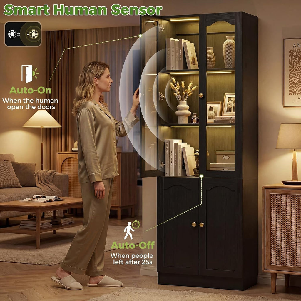 Cyclysio 80" Tall Pantry Cabinet with Arched Glass Doors and Lower Storage Cabinet, Black Kitchen Pantry Storage Cabinet with Interior Motion Sensor Light, Adjustable Shelf, Baseboard Cutout