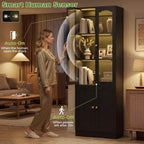 Cyclysio 80" Tall Pantry Cabinet with Arched Glass Doors and Lower Storage Cabinet, Black Kitchen Pantry Storage Cabinet with Interior Motion Sensor Light, Adjustable Shelf, Baseboard Cutout
