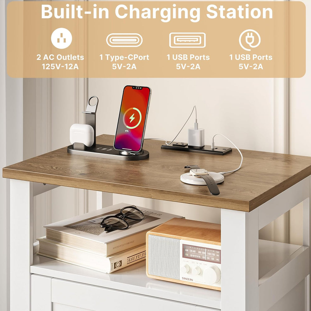 Decofy Farmhouse 2-Drawer Nightstand Set of 2 with Charging Station, White