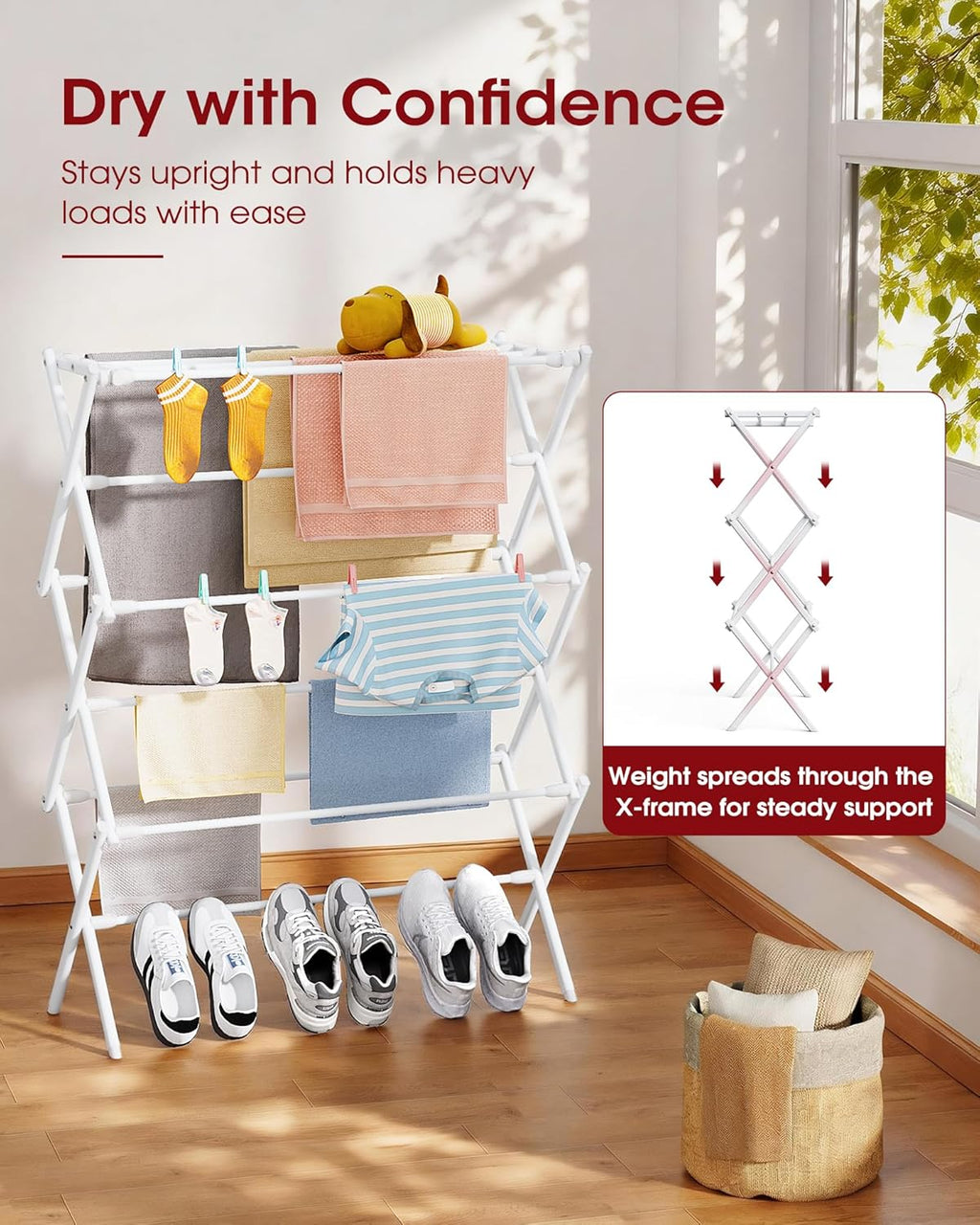 Sakugi Foldable Clothes Drying Rack – Metal Laundry Drying Rack with Non-Slip Feet, 3-Tier Space-Saving Clothing Rack for Organization, Indoor & Outdoor Use, 11.4" D x 29.1" W x 37.4" H, White