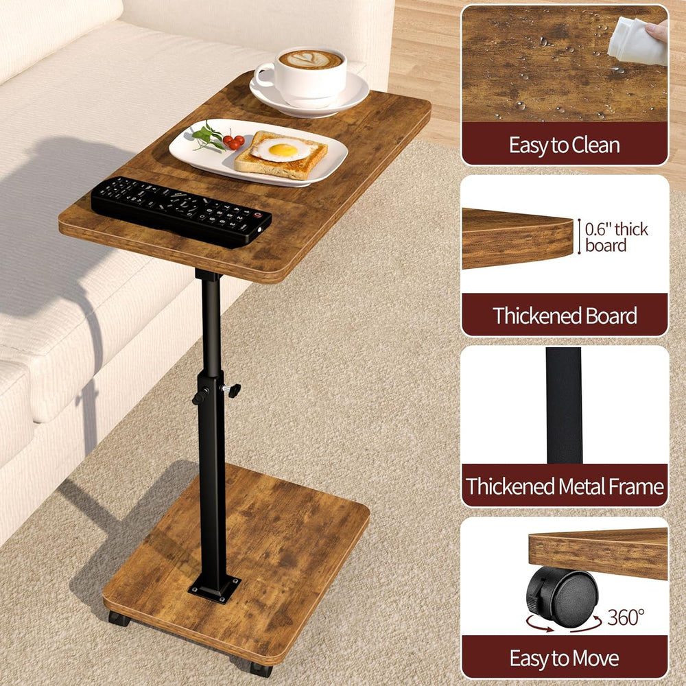 End Table Adjustable Height, 22.8"L Side Table Tv Tray with Wheels, 90° ...